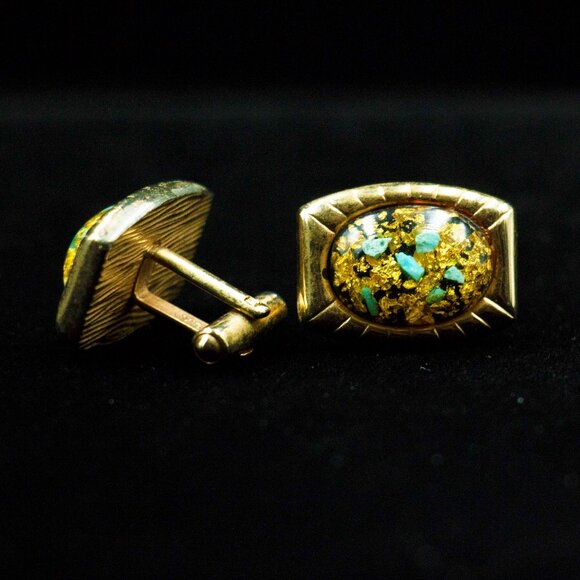 ENCAPSULATED PYRITE & TURQUOISE CHIPS GOLD CUFFLINKS - McTDGT1 - Picture 1 of 3
